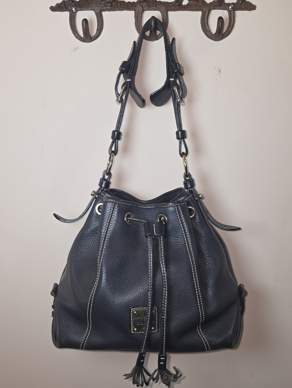 Dooney & Bourke Black Pebbled Leather Drawstring Bucket Shoulder Bag DB